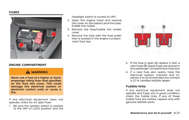 Fuse information on page 327 of the 2020 Nissan GT-R manual