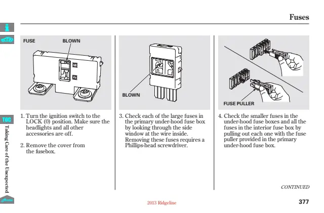 Fuse information on page 382 of the 2013 Honda Ridgeline manual