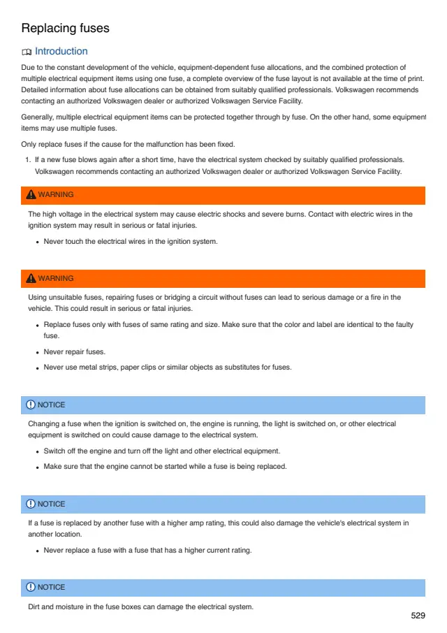 Fuse information on page 529 of the 2026 Volkswagen Atlas Cross Sport manual
