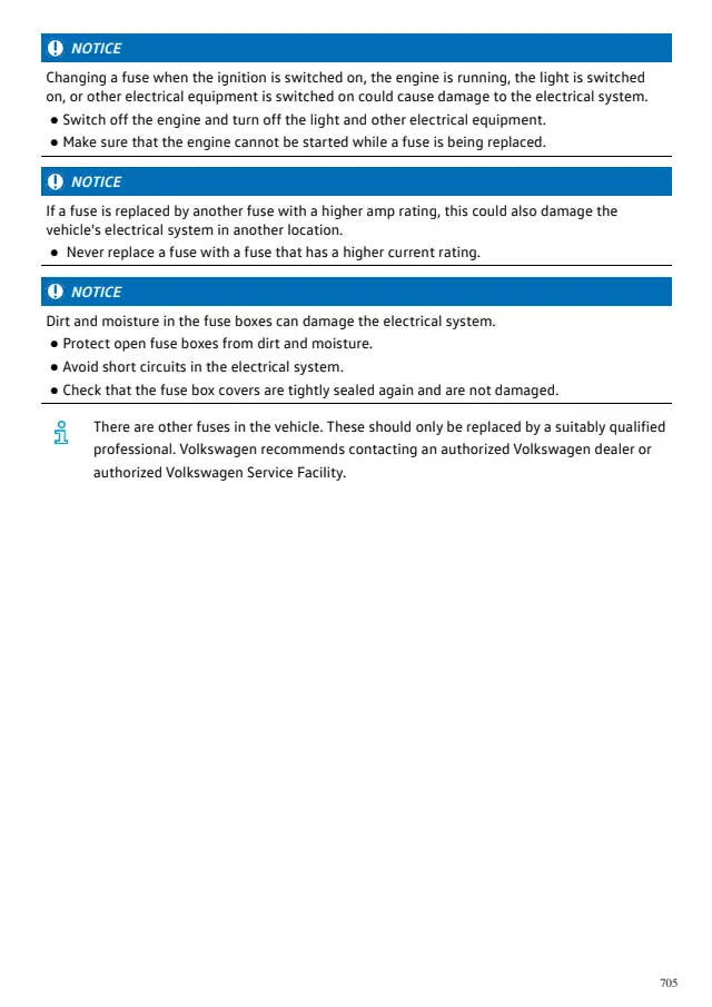 Fuse information on page 705 of the 2027 Volkswagen Polo manual