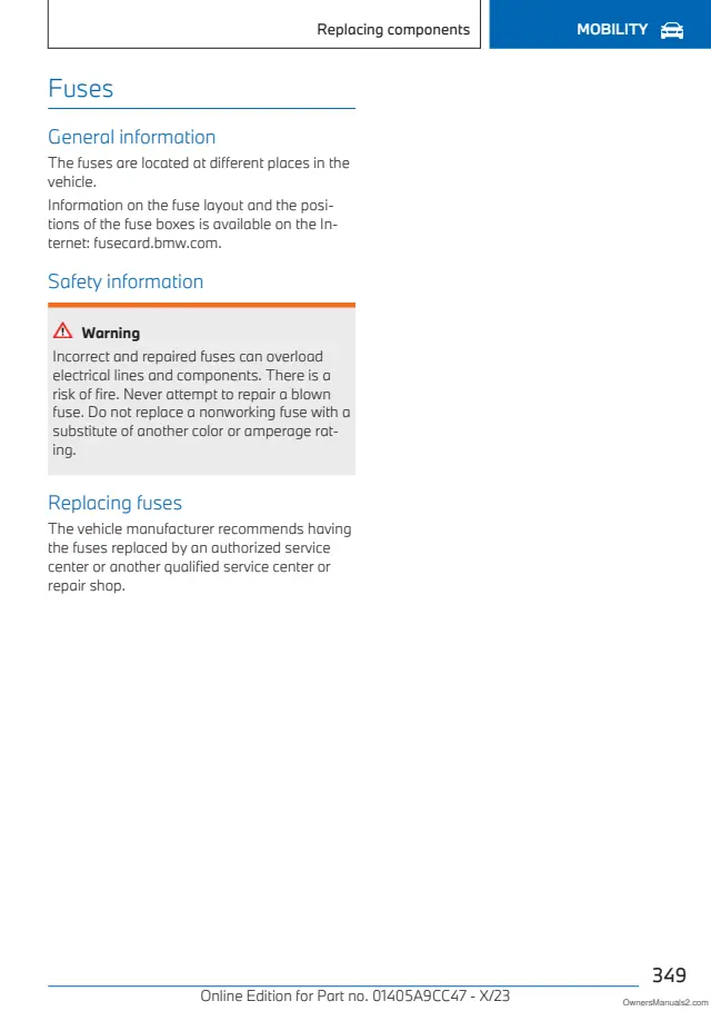 Fuse information on page 349 of the 2024 BMW X2 manual