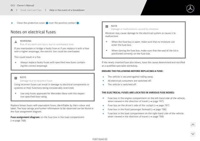 Fuse information on page 72 of the 2025 Mercedes-Benz GLS manual