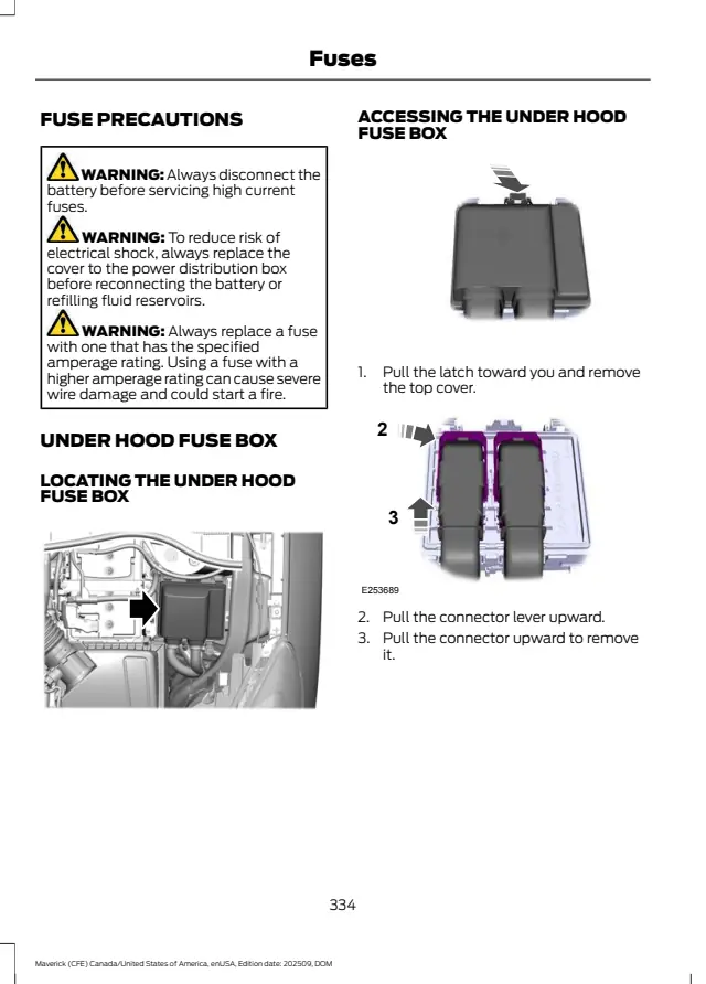 Fuse information on page 338 of the 2026 Ford Maverick manual