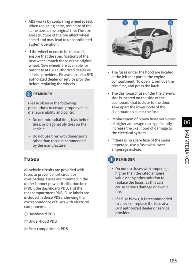 Fuse information on page 185 of the 2026 BYD Sealion 7 manual