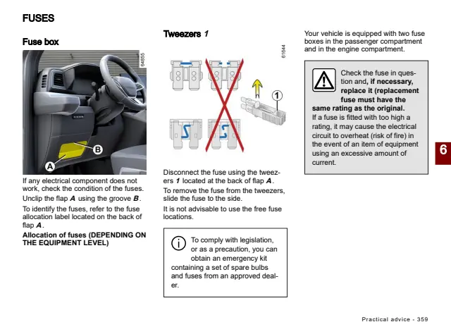 Fuse information on page 361 of the 2025 Renault Master manual