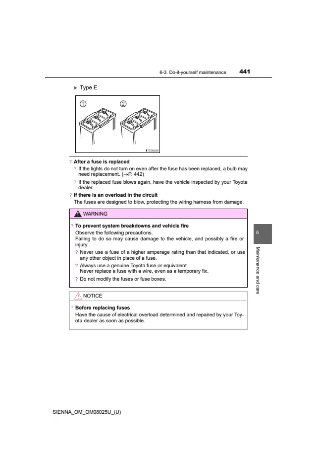 Fuse information on page 441 of the 2019 Toyota Sienna manual