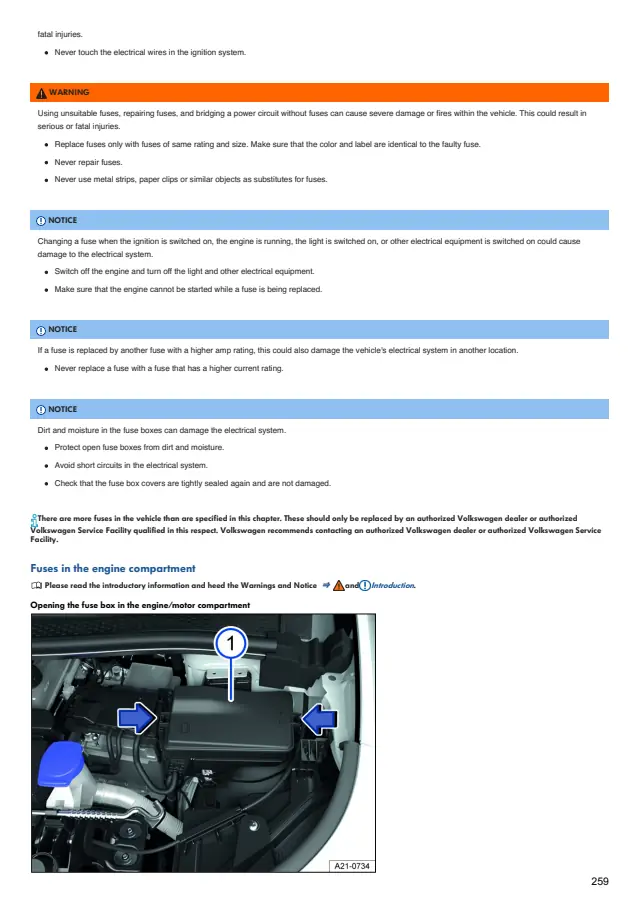 Fuse information on page 259 of the 2023 Volkswagen Golf R / GTI manual