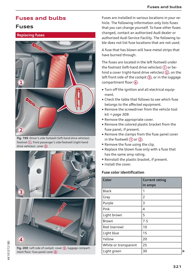 Fuse information on page 323 of the 2025 Audi A6 manual