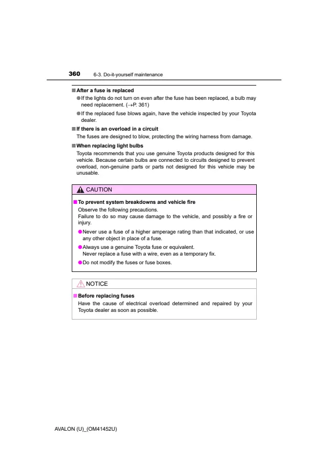 Fuse information on page 360 of the 2014 Toyota Avalon manual