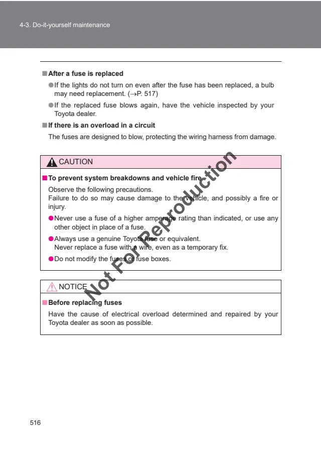 Fuse information on page 517 of the 2023 Toyota Prado manual