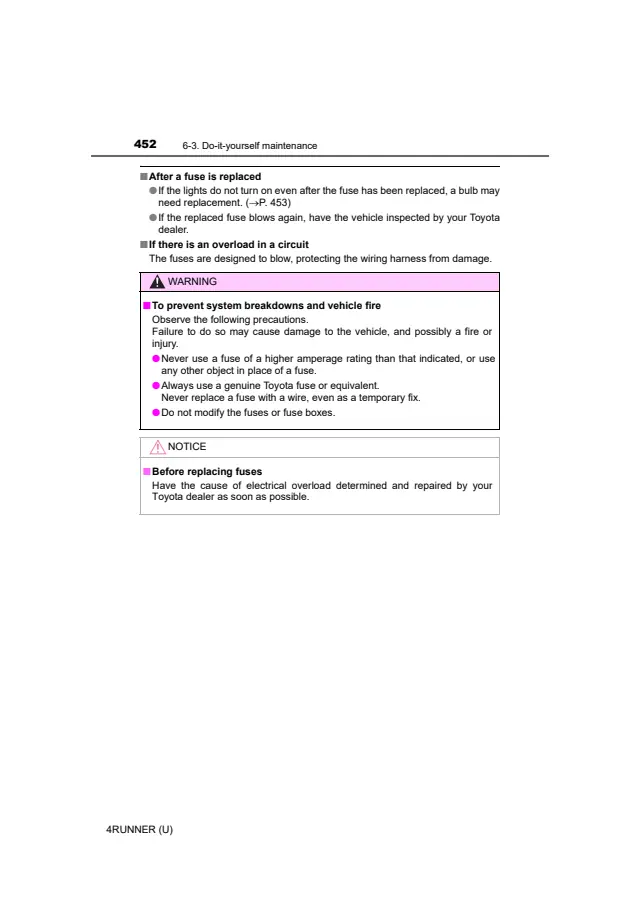 Fuse information on page 452 of the 2024 Toyota 4Runner manual
